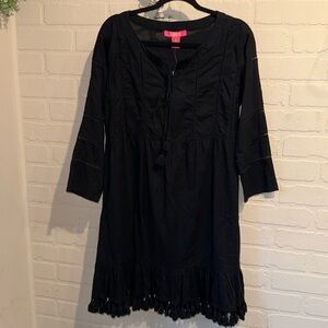 Catherine Malandrino dress black boho peasant tassel front & trim detail cotton